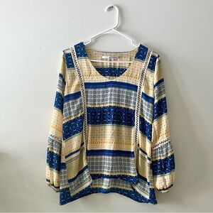 Collective Concepts‎ Bohemian Patchwork Blouse Blue Yellow Size M Casual